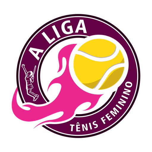 Logo A Liga - Tênis Feminino: tenista sacando, bola amarela com chama rosa em um círculo roxo